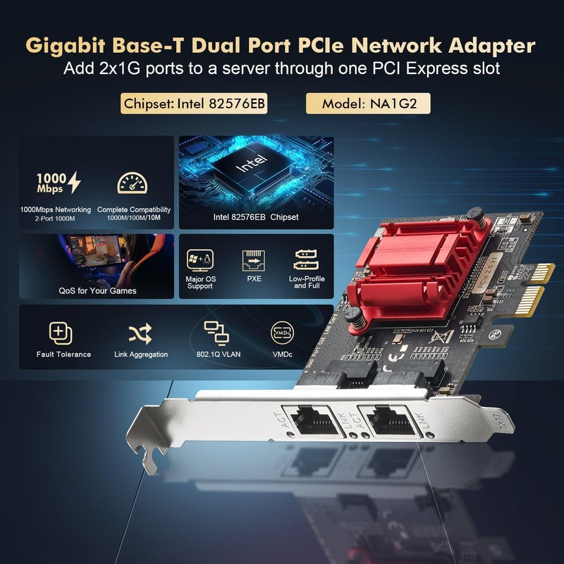 Binardat 2 Port Gigabit PCIe Network Adapter, Intel 82575/82576 Controller 1000/100Mbps Ethernet LAN Card for Windows/Linux - Image 2